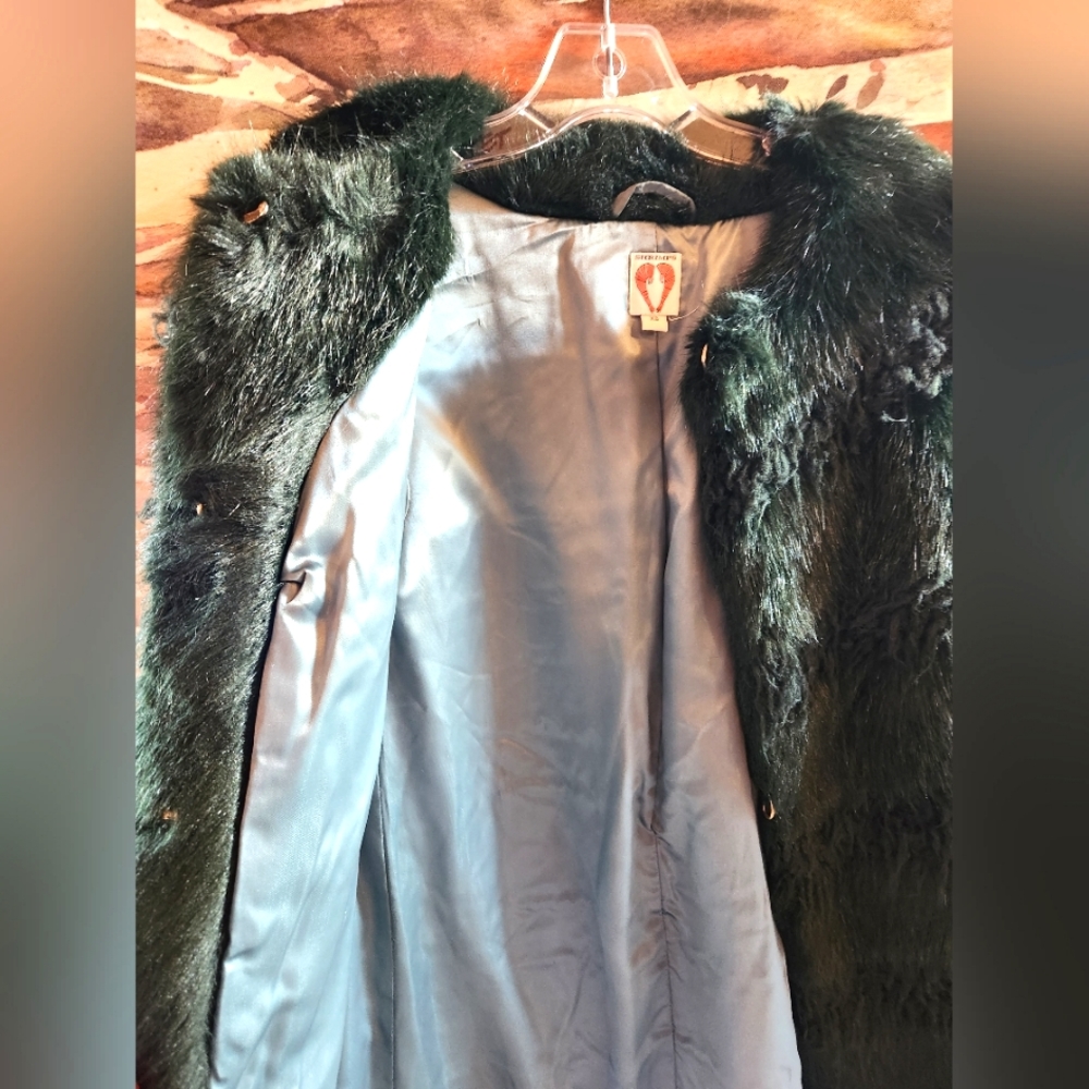 SHRIMPS Emerald Forest Green Textured Stripes FAUX FUR Vegan Winter Jacket XS - Picture 15 of 16